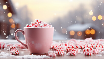 Obraz na płótnie Canvas A cozy winter scene featuring a pink cup filled with hot chocolate and marshmallows, candy canes on a snowy wooden table with festive lights.