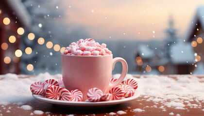 Fototapeta premium A cozy winter scene featuring a pink cup filled with hot chocolate and marshmallows, candy canes on a snowy wooden table with festive lights.