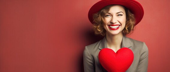 Portrait of a happy  woman with red heart on a red background.Valentine's Day Concept