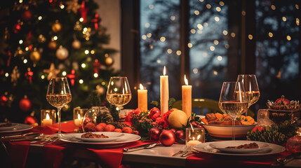 Fototapeta na wymiar Winter Wonderland Themed Dinner Table for Christmas Eve