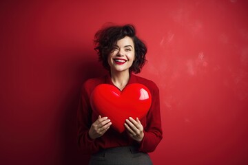Portrait of a happy  woman with red heart on a red background.Valentine's Day Concept