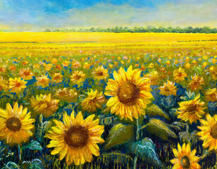 Endless fields of sunflowers under the bright rays of a summer sun, creating a sea of yellow in a peaceful countryside setting.