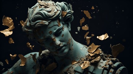 Emotional bronze statue with gold fragments. Generated AI