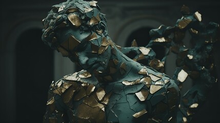 Emotional bronze statue with gold fragments. Generated AI