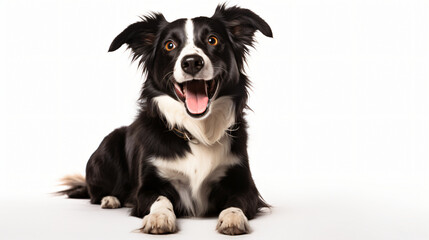 Studio shot of a happy adult mixed breed dog sitting.