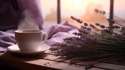 Close-up of a mug of lavender tea or sleep infusion next to a purple bed and decorated with lavandula flowers