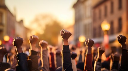 Group of people raised their hands up on the street at sunset.