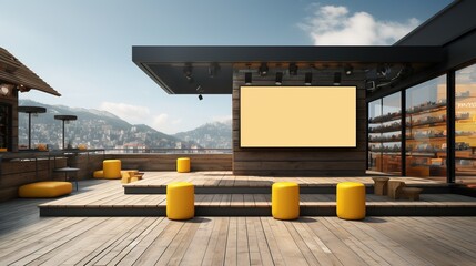 Wooden terrace with yellow chairs and a blank billboard - obrazy, fototapety, plakaty