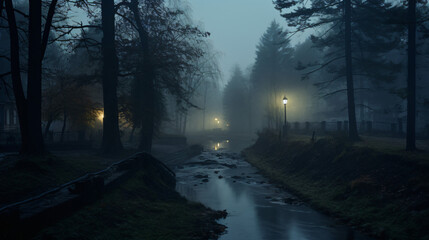A river running through a foggy forest