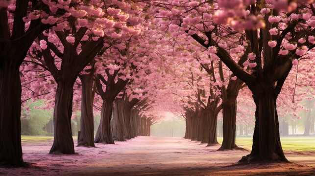 A row of trees with pink flowers
