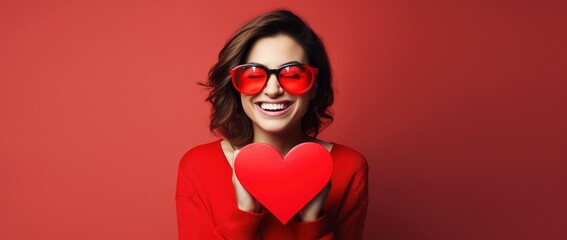 Portrait of a happy woman with red heart on a red background.Valentine's Day Concept - obrazy, fototapety, plakaty