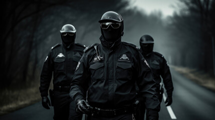 Full body squad of  police officers in protective gears with guns wearing medical masks during patrolling street. - obrazy, fototapety, plakaty