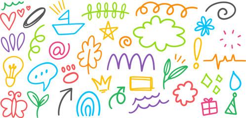 Set of cute pen line doodle element vector. Sketch underline, emphasis, arrow shape set. Children school, kindergarten vector doodle set. Vector illustration.