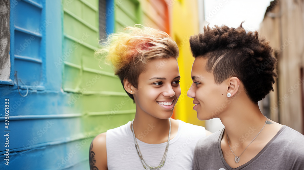 Wall mural young lesbian couple smiling by colorful wall