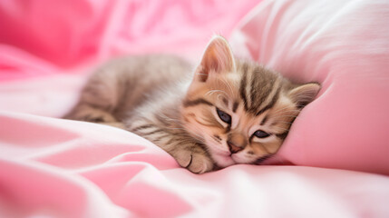 A small kitten sleeping on a pink pillow on a bed