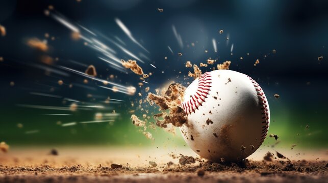 Baseball ball breaking through the ground. Close-up image.