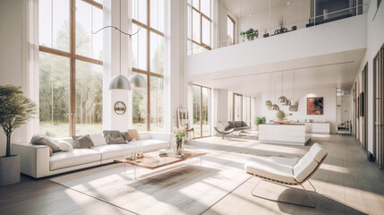 Interior design in Scandinavian style, modern living room in country house, villa, hotel. Minimalism, panoramic windows