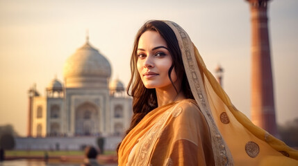 Beautiful native indian woman portrait with Taj Mahal background. India Republic Day. Travel destination. - obrazy, fototapety, plakaty
