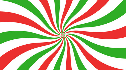 Christmas candy swirl background. Christmas candycane radial pattern with red and green stripes. Xmas swirl lollipop vortex texture. Peppermint traditional caramel print. Vector illustration.