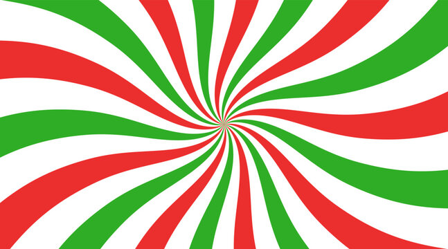 Christmas candy swirl background. Christmas candycane radial pattern with red and green stripes. Xmas swirl lollipop vortex texture. Peppermint traditional caramel print. Vector illustration.