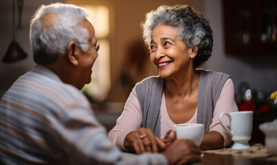 Ethnic Senior Couple: Heartwarming Coffee Moments in Kitchen - obrazy, fototapety, plakaty