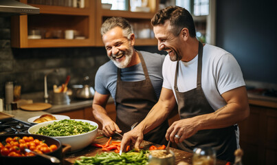 Mid-Adult Gay Couple Having a Blast While Preparing Meals in Kitchen - obrazy, fototapety, plakaty