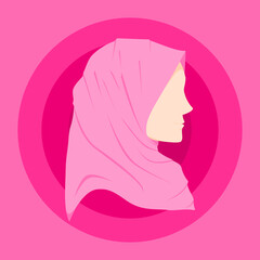illustration of a Muslim woman wearing a pink hijab seen from the side with a circle background