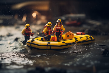Miniature Firefighters in Action with Inflatable Boat against Flood