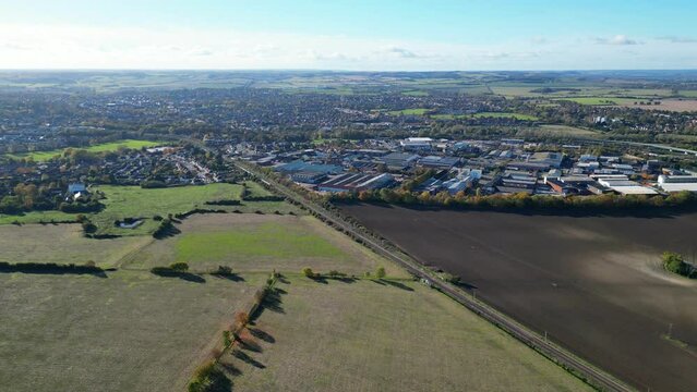 Aerial view of British Agricultural Farms at Countryside Landscape of Letchworth Garden City of England UK. Image Captured on November 11th, 2023 with Drone's camera
