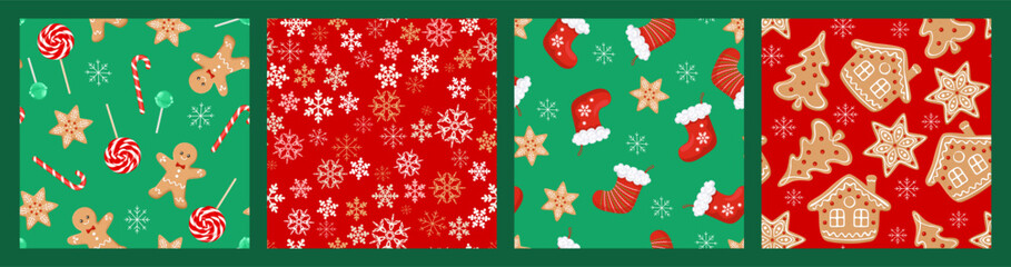 Christmas seamless pattern set. Bright festive red and green background. Vector cartoon illustration.