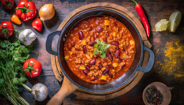 In a Texan kitchen, a top view of chili con carne in a cast-iron pot captures the bold and spicy flavors of this iconic American dish, perfect for chilly nights or game day gatherings.