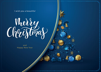 Blue Christmas Card with Christmas Decorations Arranged in the Shape of a Christmas Tree and a Decorative Flap with Gold Lines and Text - 678024404