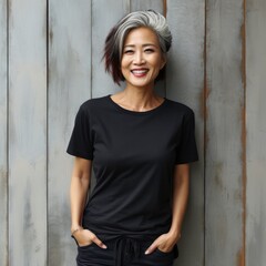 Naklejka na ściany i meble A beautiful Asian woman wearing blank tshirt for mockup