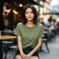 A beautiful Asian woman wearing blank tshirt for mockup