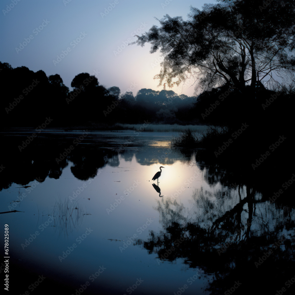 Sticker  A tranquil photograph of a crescent moon reflected
