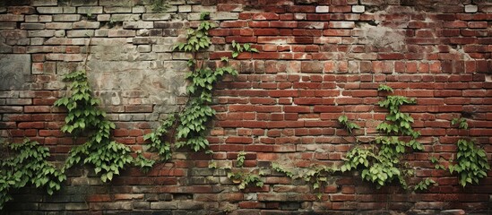Old brick wall with green leaves, grunge background texture, panorama