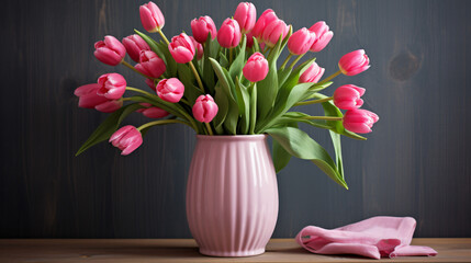 A vase filled with pink tulips