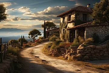 Spain landscape at sunset. An ancient medieval villa surrounded by cypress trees. Beautiful clouds descend on the mountains. Generative AI Art. Beautiful view. - obrazy, fototapety, plakaty