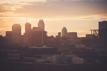 Breathtaking urban skyline at sunset, golden hour tint, deep focus, capturing the vibrant and dynamic city life.