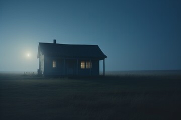 Isolated house glowing warmly in the night, blue tint, full focus, cinematic, portraying a beacon of warmth and solitude.