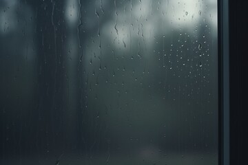 Raindrops on window, moody blue tint, macro focus, capturing the reflective and tranquil mood of a rainy day.
