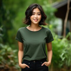 Fototapeta premium Asian woman wearing empty blank t-shirt for mockup