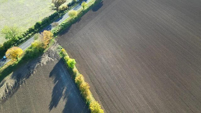 Aerial view of British Agricultural Farms at Countryside Landscape of Letchworth Garden City of England UK. Image Captured on November 11th, 2023 with Drone's camera