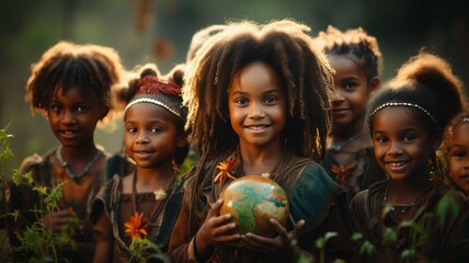 International Peace Day. African children hold the globe in their hands.