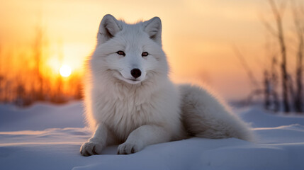 A white fox sitting in the snow