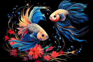 Cartoon illustration, betta fish or Siamese fighting fish, on a black background.