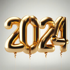 3D illustration render golden balloons happy new year 2024
