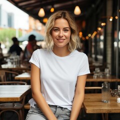 A beautiful woman wearing blank tshirt for mockup