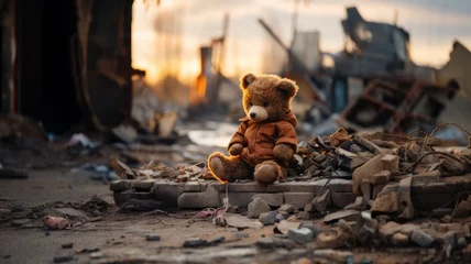 Foto auf Glas an abandoned and lost teddy bear in a war ruins © senadesign