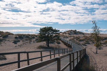 wooden path in sand dunes against a cloudy sky